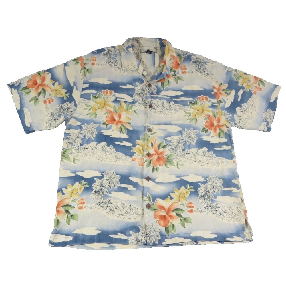 Tommy Bahama Shirt Mens L Large Blue Silk‎ Surfer Wave Tropical Floral Hawaiian